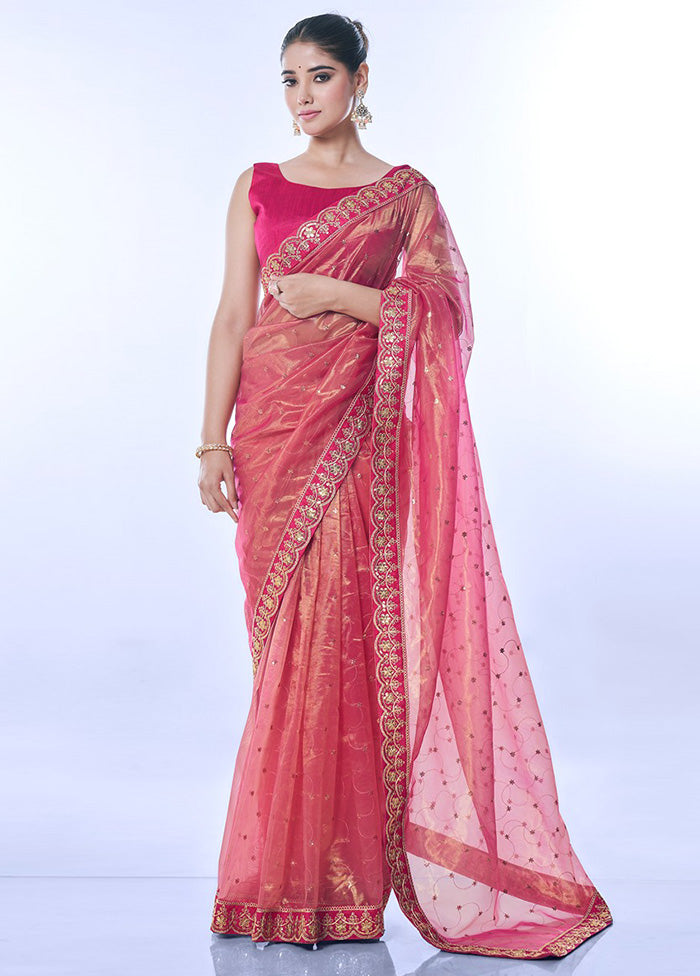 Pink Net Saree With Blouse Piece