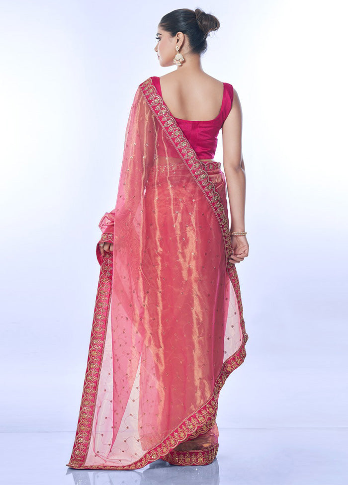 Pink Net Saree With Blouse Piece