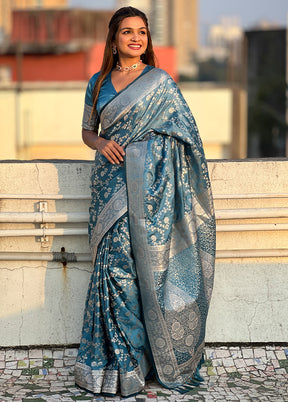 Blue Banarasi Silk Saree With Blouse Piece