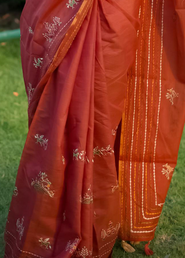 Orange Tussar Silk Saree With Blouse Piece