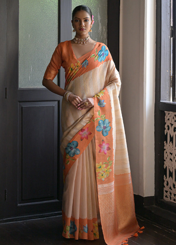 Orange Spun Silk Saree With Blouse Piece