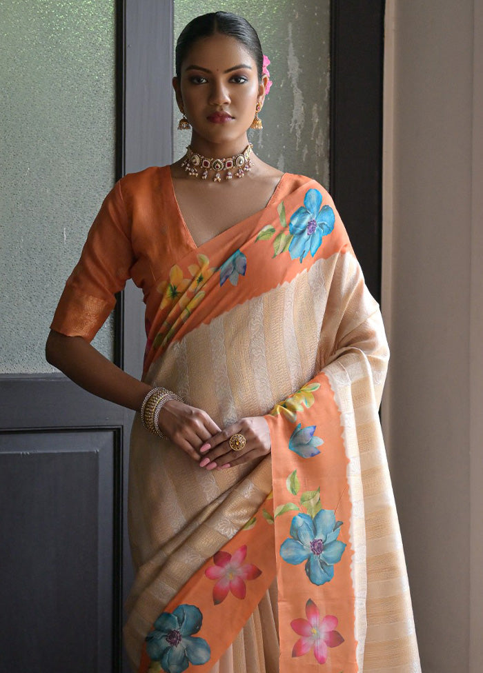 Orange Spun Silk Saree With Blouse Piece