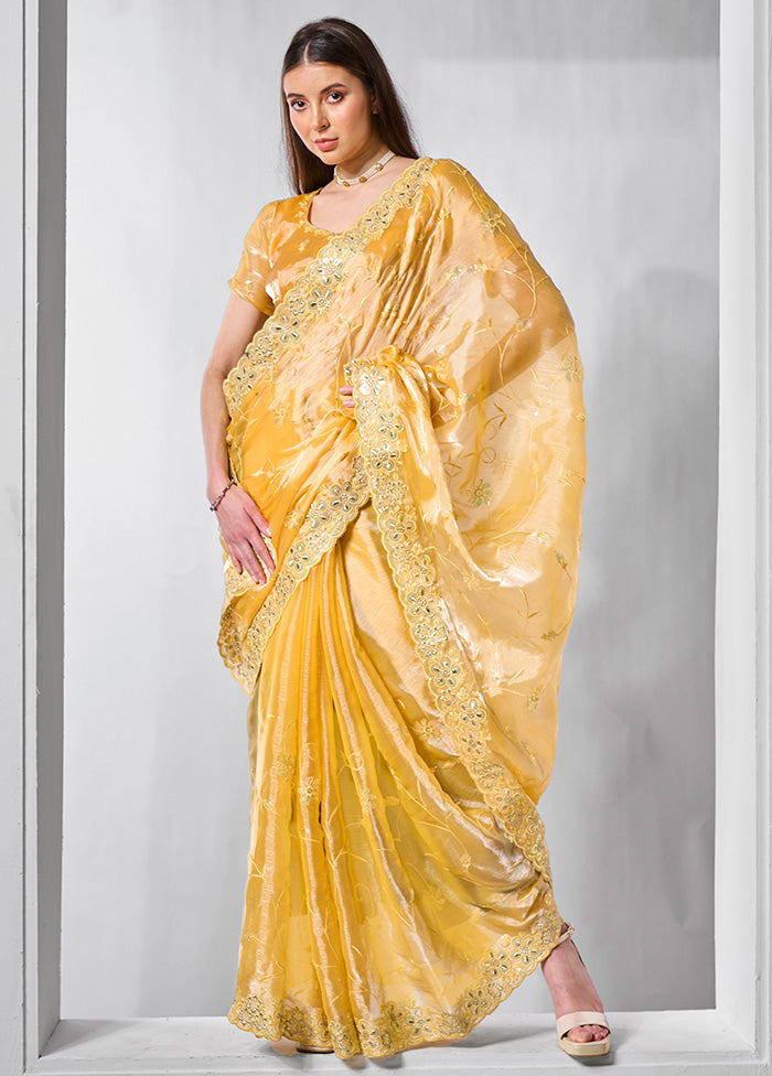 Yellow Spun Silk Saree With Blouse Piece