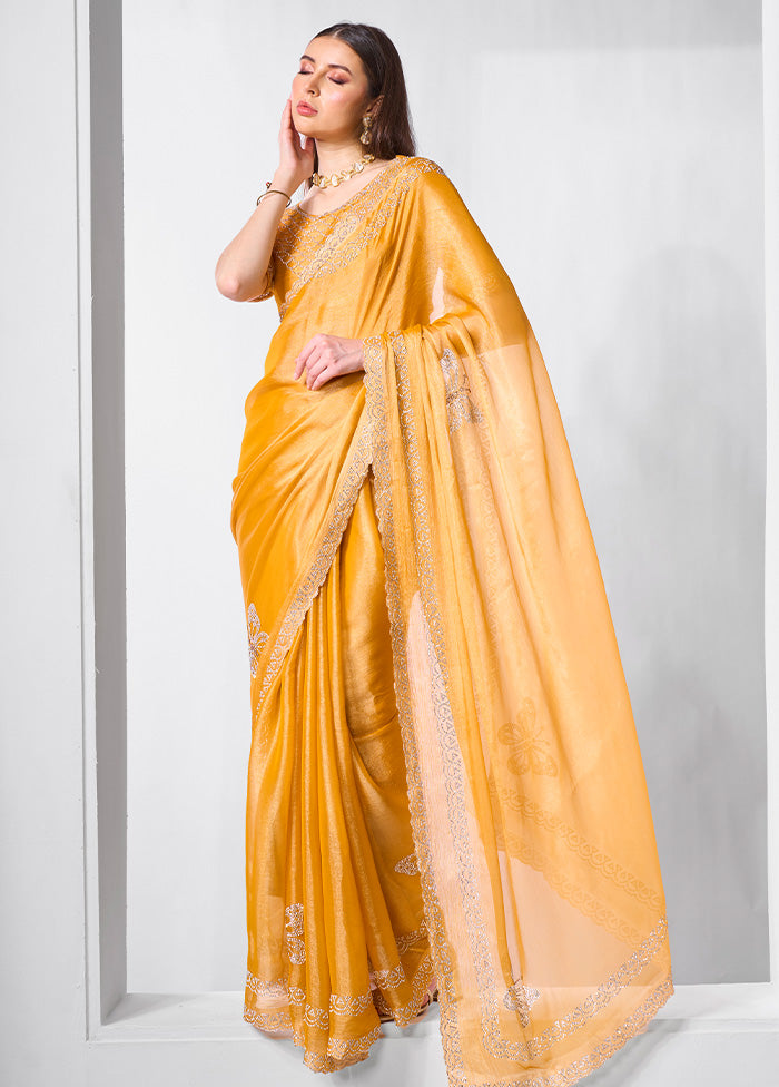 Yellow Spun Silk Saree With Blouse Piece