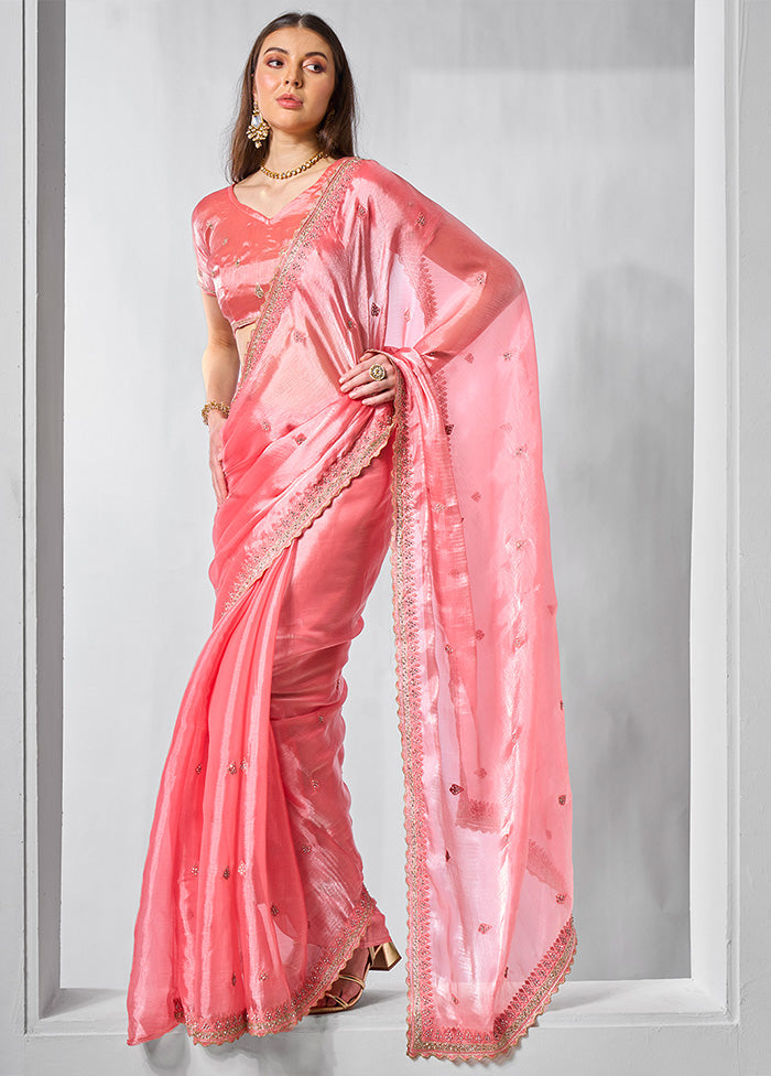 Coral Spun Silk Saree With Blouse Piece