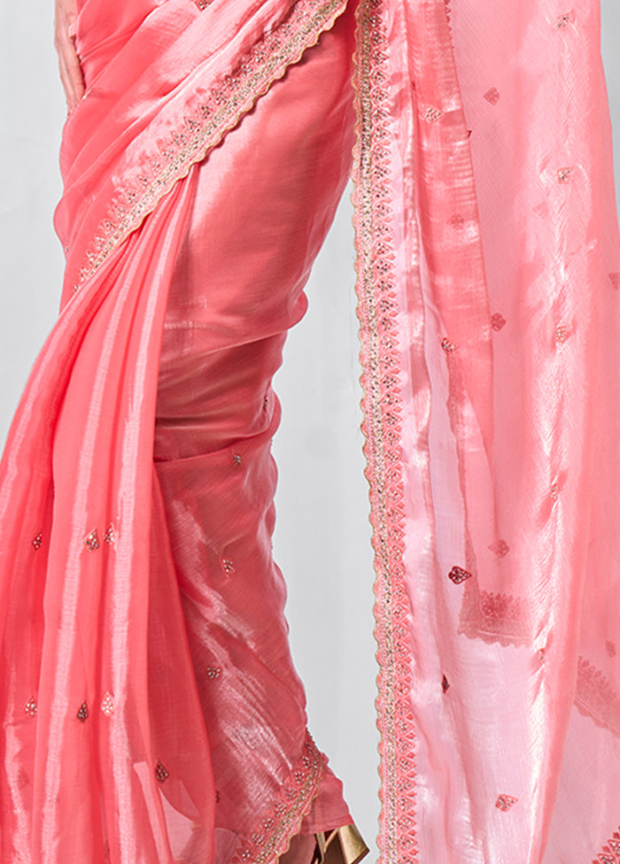 Coral Spun Silk Saree With Blouse Piece