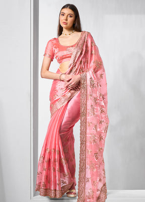 Coral Spun Silk Saree With Blouse Piece