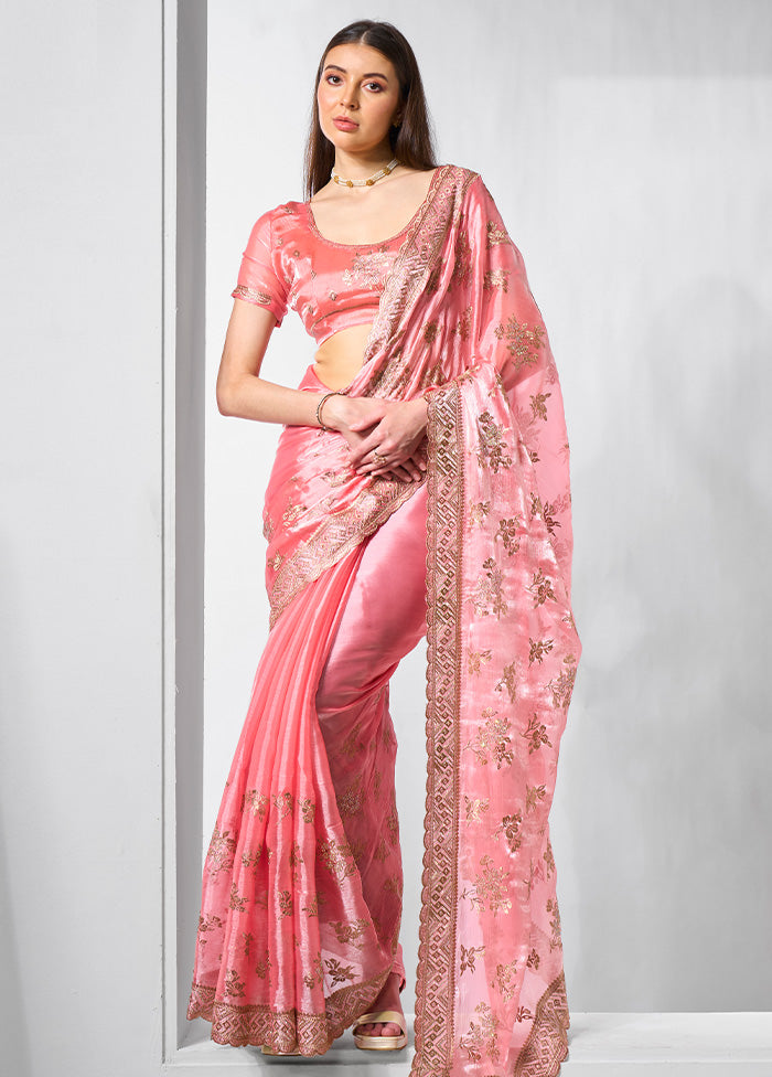 Coral Spun Silk Saree With Blouse Piece