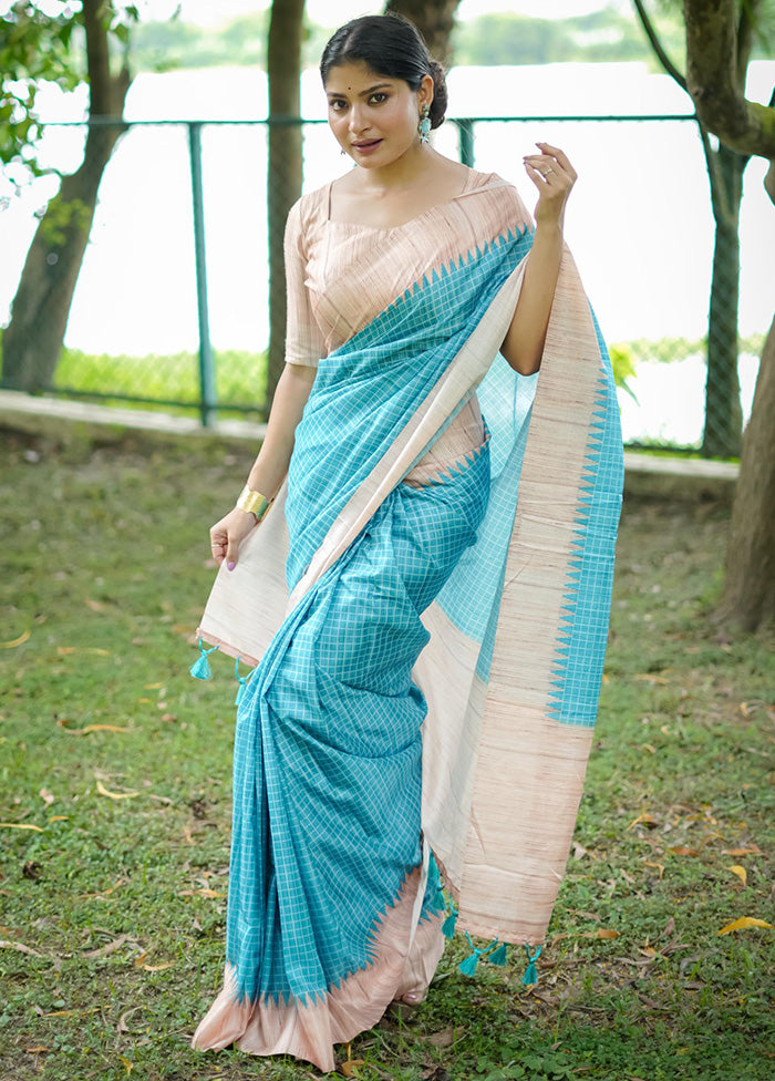 Sky Blue Tussar Silk Saree With Blouse Piece