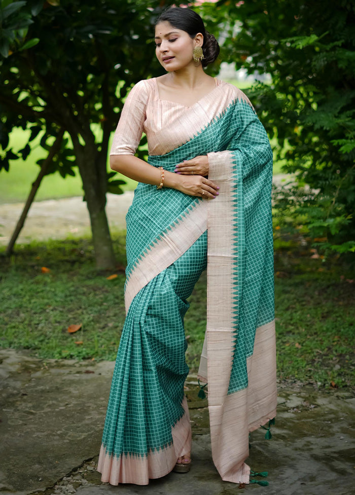 Sea Green Tussar Silk Saree With Blouse Piece