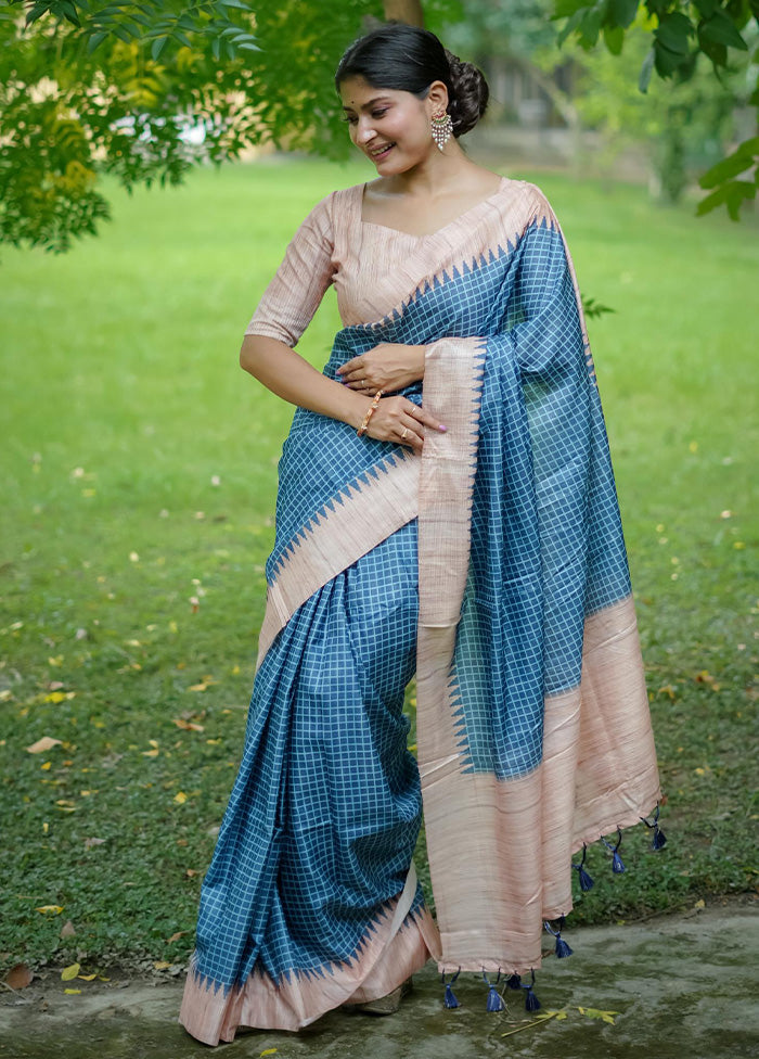 Blue Tussar Silk Saree With Blouse Piece