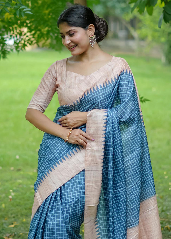 Blue Tussar Silk Saree With Blouse Piece