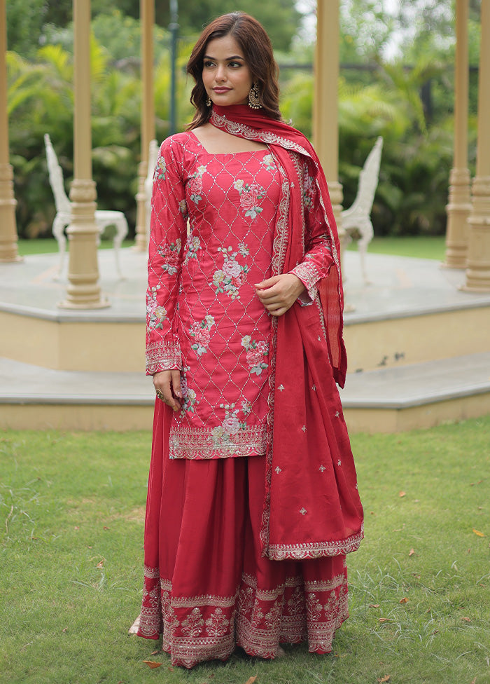 3 Pc Maroon Readymade Silk Suit Set