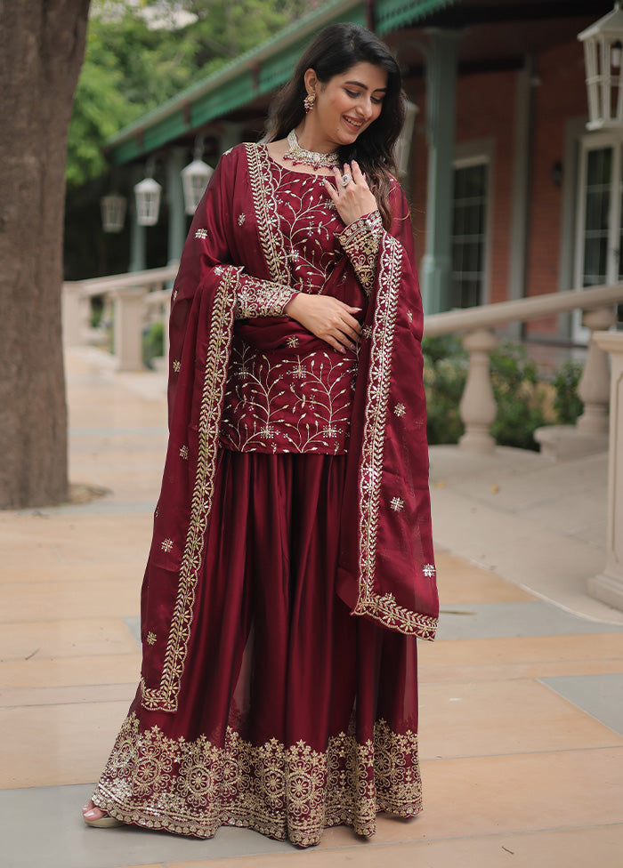 3 Pc Maroon Readymade Silk Suit Set