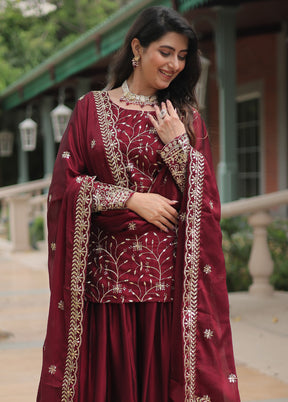 3 Pc Maroon Readymade Silk Suit Set