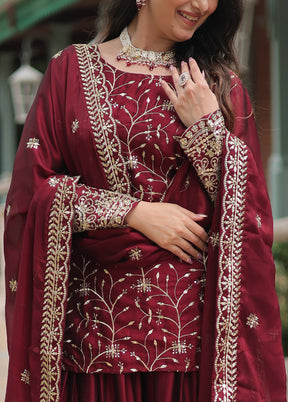 3 Pc Maroon Readymade Silk Suit Set