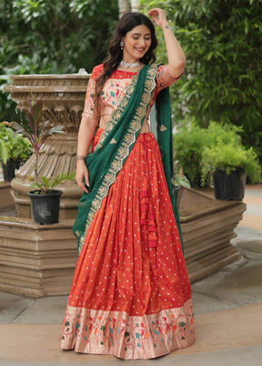 3 Pc Orange Silk Semi Stitched Lehenga Set