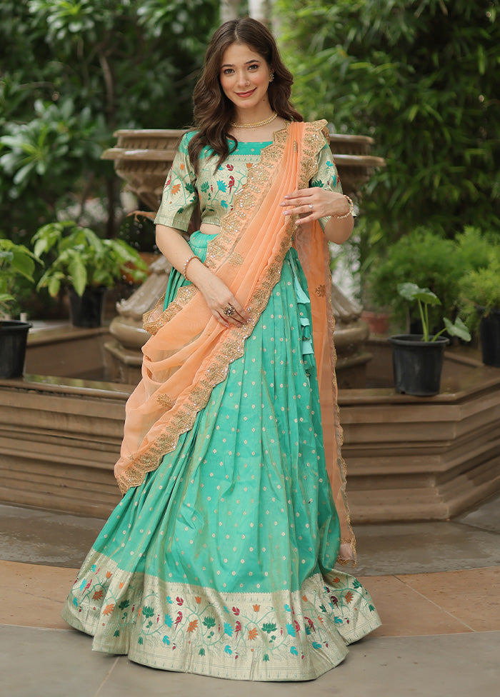 3 Pc Sea Green Silk Semi Stitched Lehenga Set