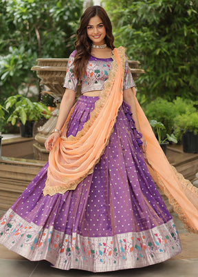 3 Pc Purple Silk Semi Stitched Lehenga Set