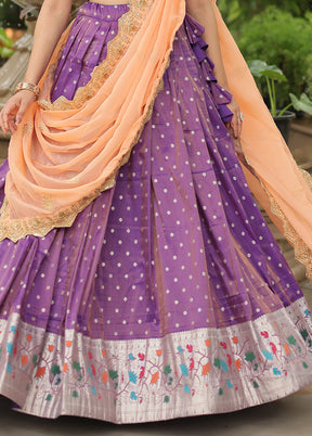 3 Pc Purple Silk Semi Stitched Lehenga Set