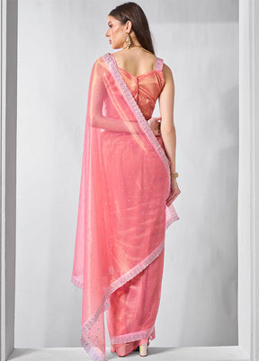 Pink Net Saree With Blouse Piece