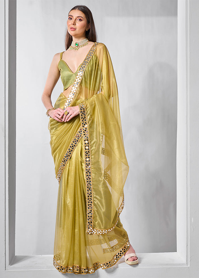 Green Net Saree With Blouse Piece