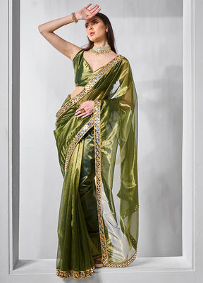 Green Net Saree With Blouse Piece