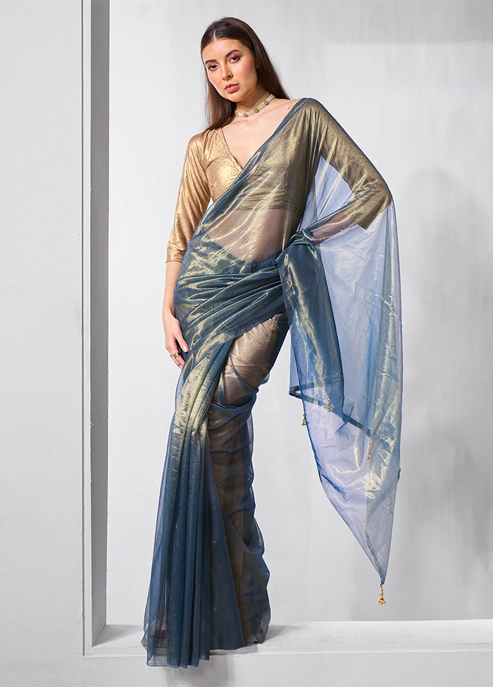 Blue Net Saree With Blouse Piece