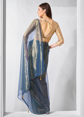 Blue Net Saree With Blouse Piece