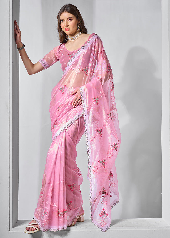 Pink Net Saree With Blouse Piece