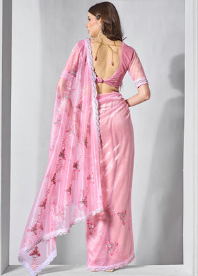 Pink Net Saree With Blouse Piece