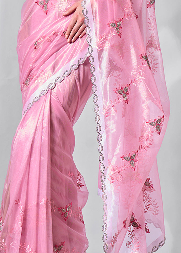 Pink Net Saree With Blouse Piece