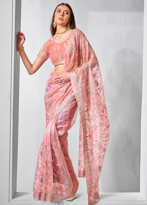 Peach Net Saree With Blouse Piece