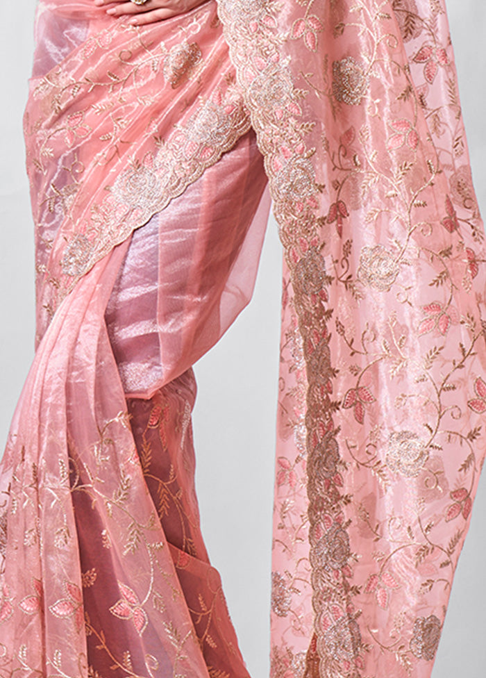 Peach Net Saree With Blouse Piece