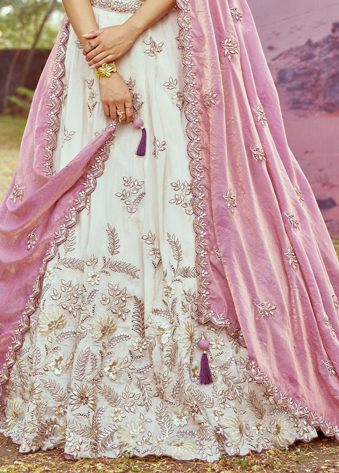 3 Pc Cream Viscose Semi Stitched Lehenga Set