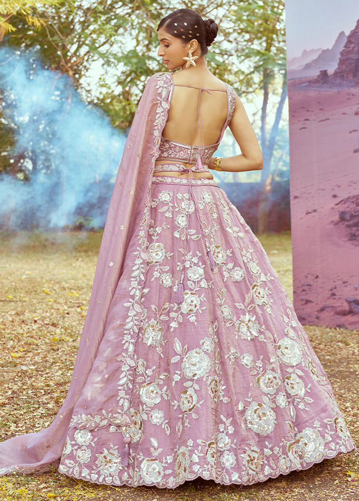 3 Pc Lavender Silk Semi Stitched Lehenga Set