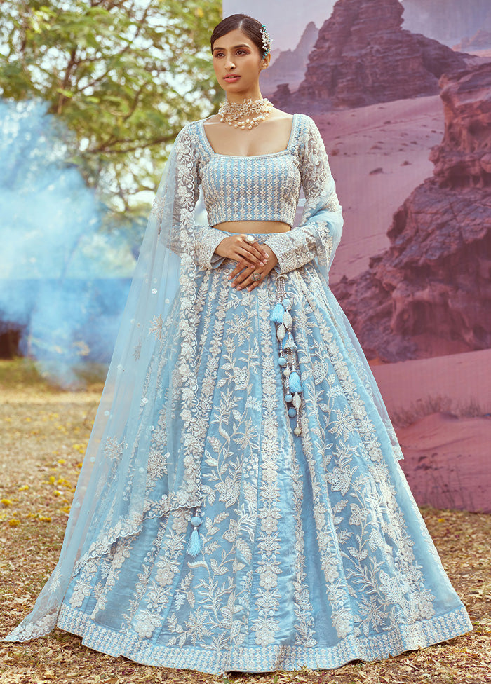 3 Pc Sky Blue Silk Semi Stitched Lehenga Set