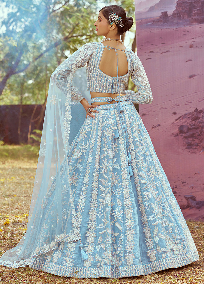 3 Pc Sky Blue Silk Semi Stitched Lehenga Set