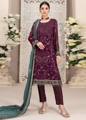 3 Pc Wine Semi Stitched Georgette Suit Set