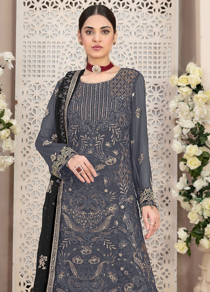 3 Pc Grey Semi Stitched Georgette Suit Set