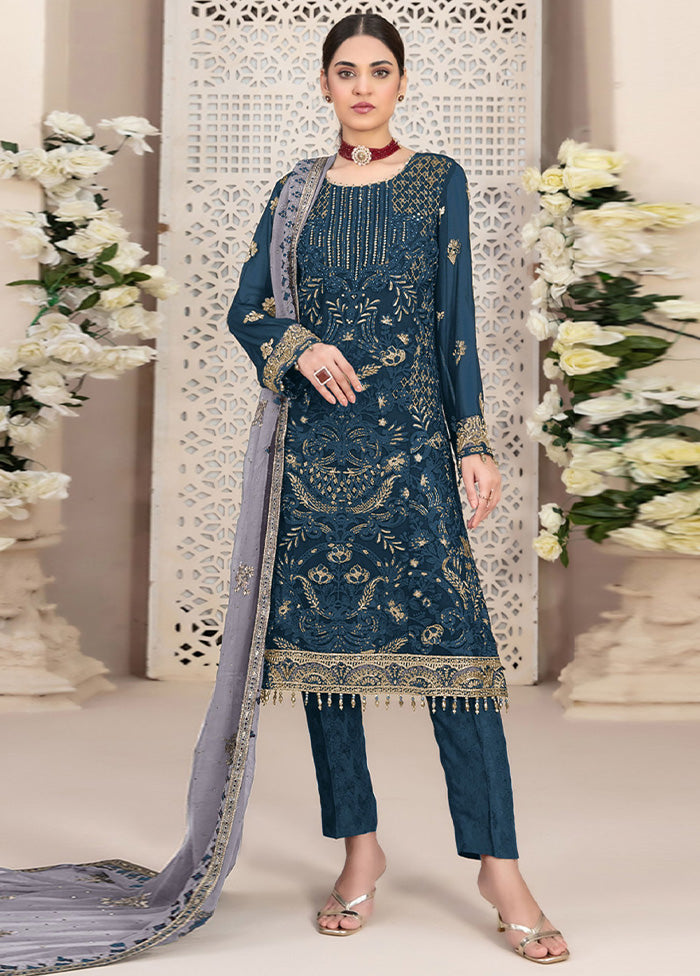 3 Pc Teal Semi Stitched Georgette Suit Set