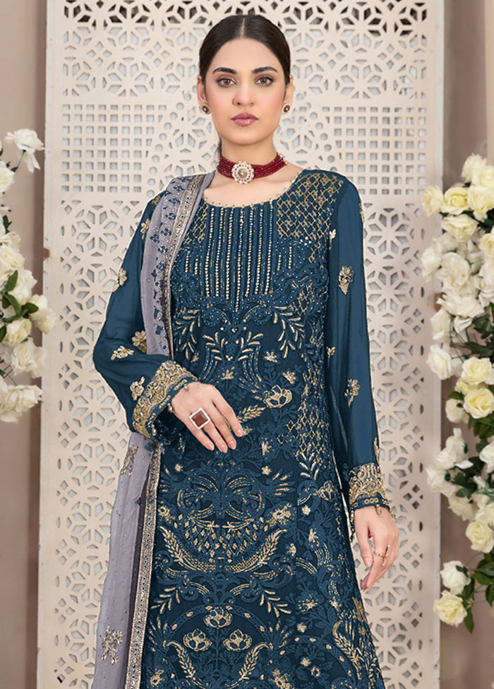 3 Pc Teal Semi Stitched Georgette Suit Set