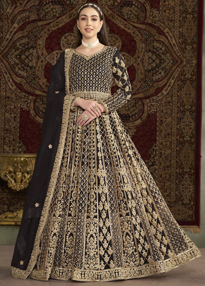 Black Semi Stitched Net Dupatta Indian Dress
