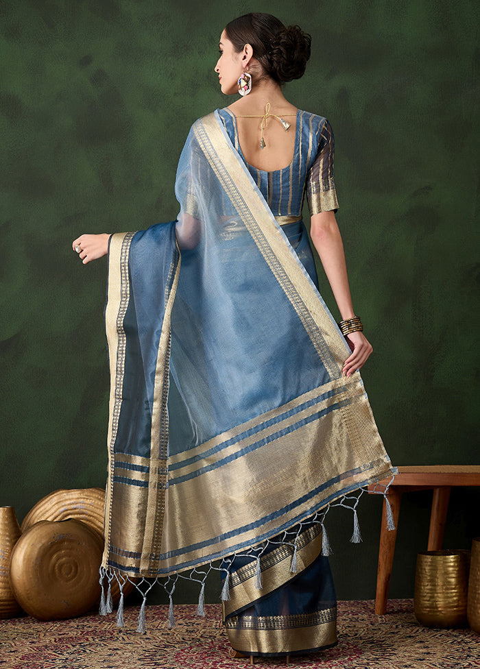 Blue Organza Saree With Blouse Piece