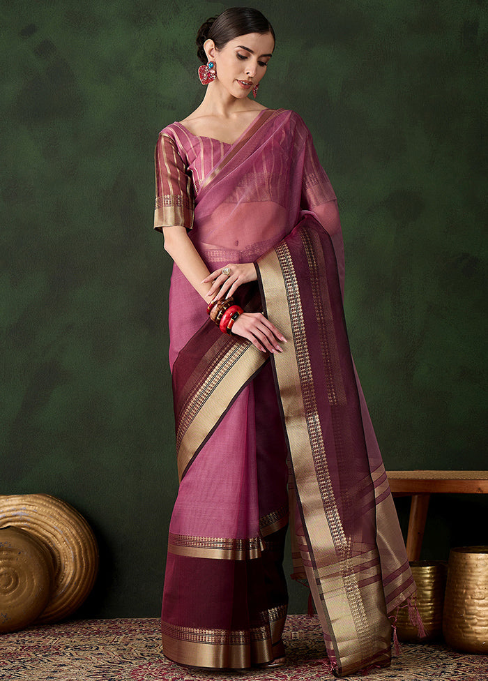 Wine Organza Saree With Blouse Piece