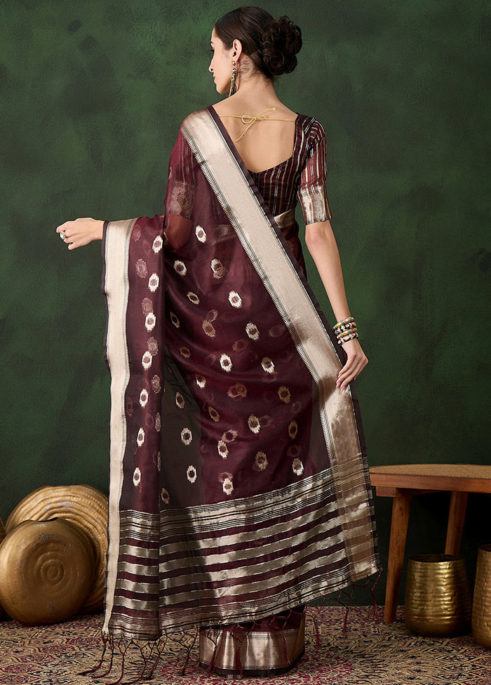 Burgundy Organza Saree With Blouse Piece