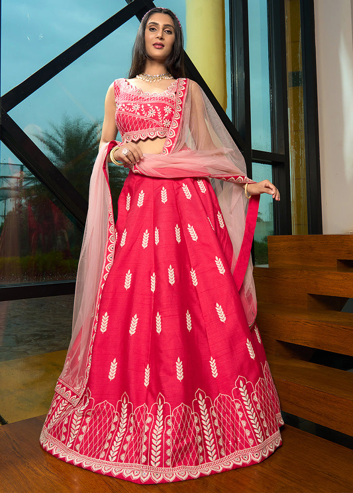 3 Pc Pink Silk Semi Stitched Lehenga Set