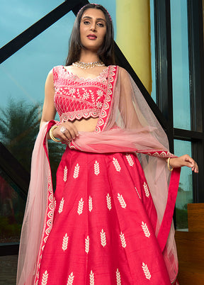 3 Pc Pink Silk Semi Stitched Lehenga Set