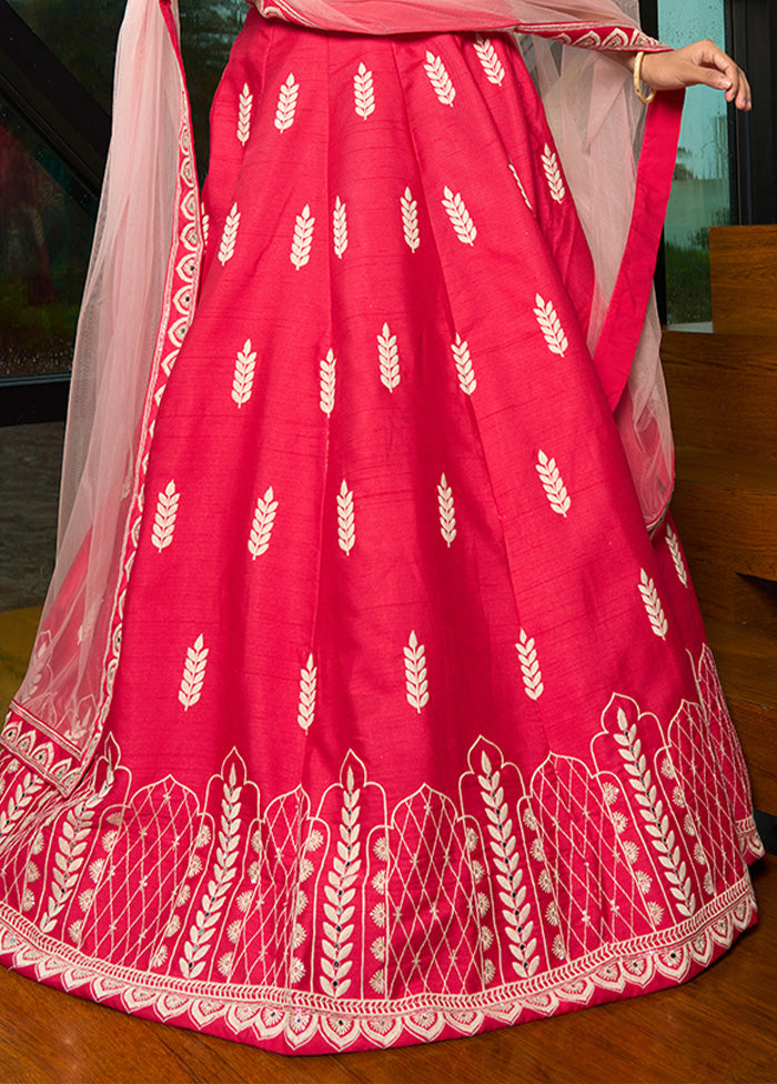 3 Pc Pink Silk Semi Stitched Lehenga Set