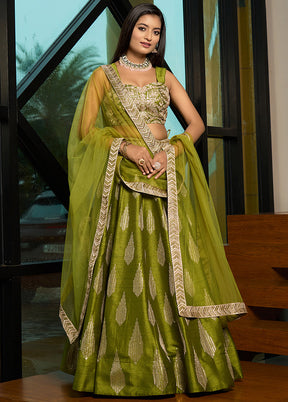 3 Pc Green Silk Semi Stitched Lehenga Set